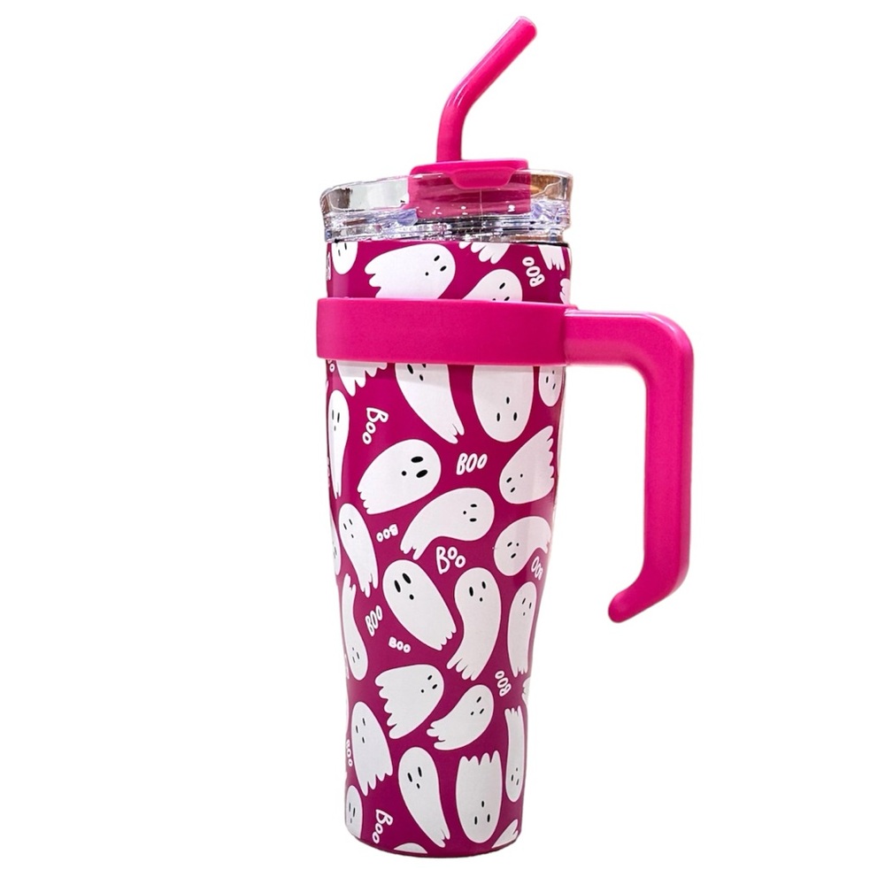 👻 Halloween hot pink ghost Travel Tumbler with handle 40oz Stainless Ste…